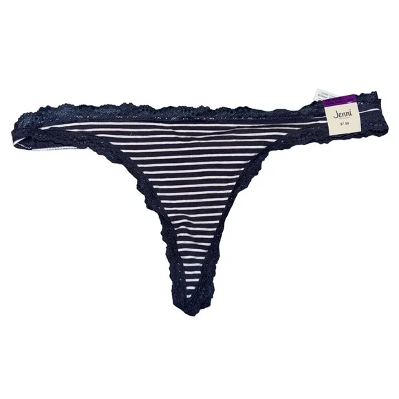 Jenni Intimates Thong Panty Nairobi Stripe Navy Blue White Lace Trim, XXL, NWT - Picture 2 of 7